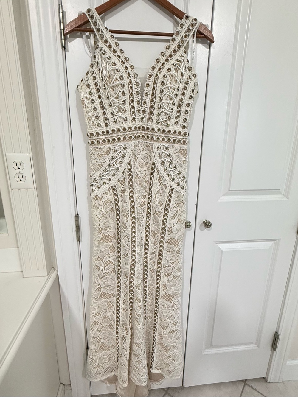 Sherri Hill Ivory Lace Beaded V-Neck Maxi Dress